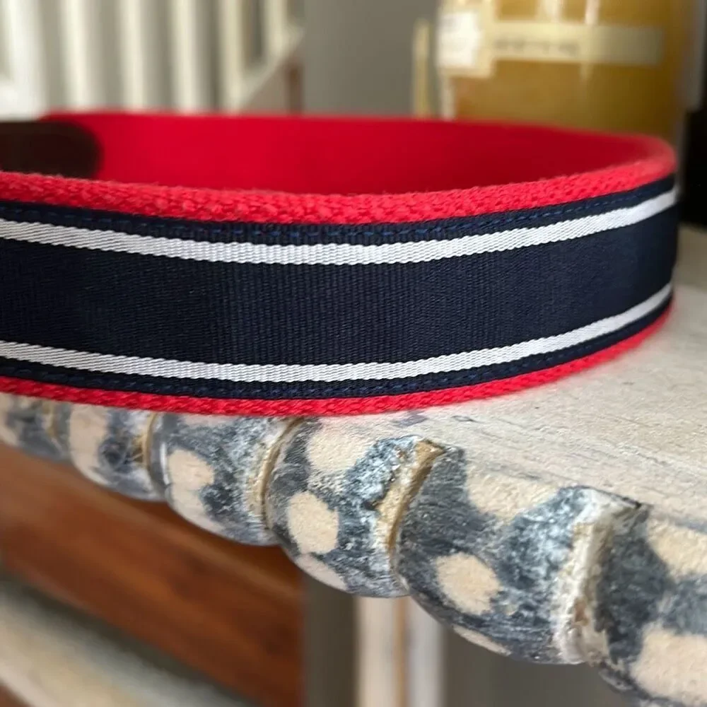 Vineyard Vines leather webbing and fabric belt 30 nautical red white blue